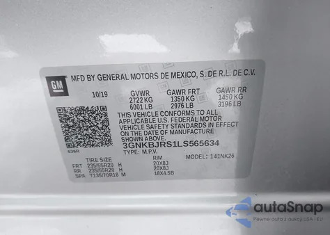 2020 Chevrolet Blazer Awd 3Lt из США, поврежденный, VIN 3GNKBJRS1LS565634